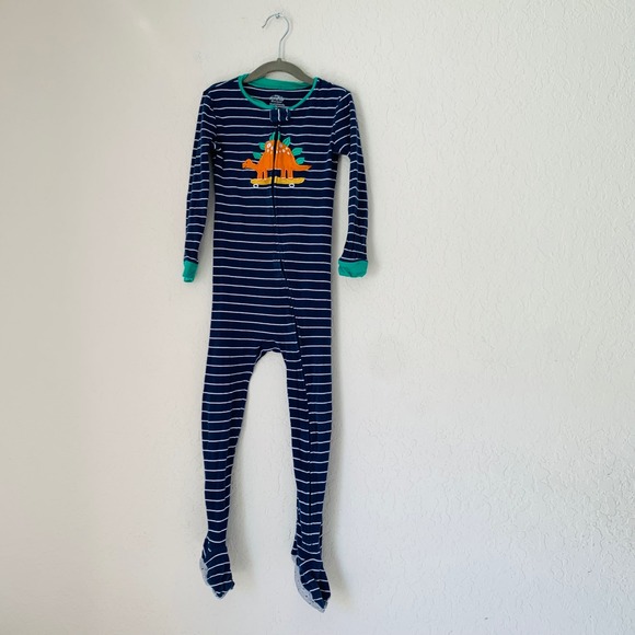 Member's Mark Other - Members Mark Boys 5T Navy Blue Striped Dinosaur Skateboard Footed Sleeper PJs